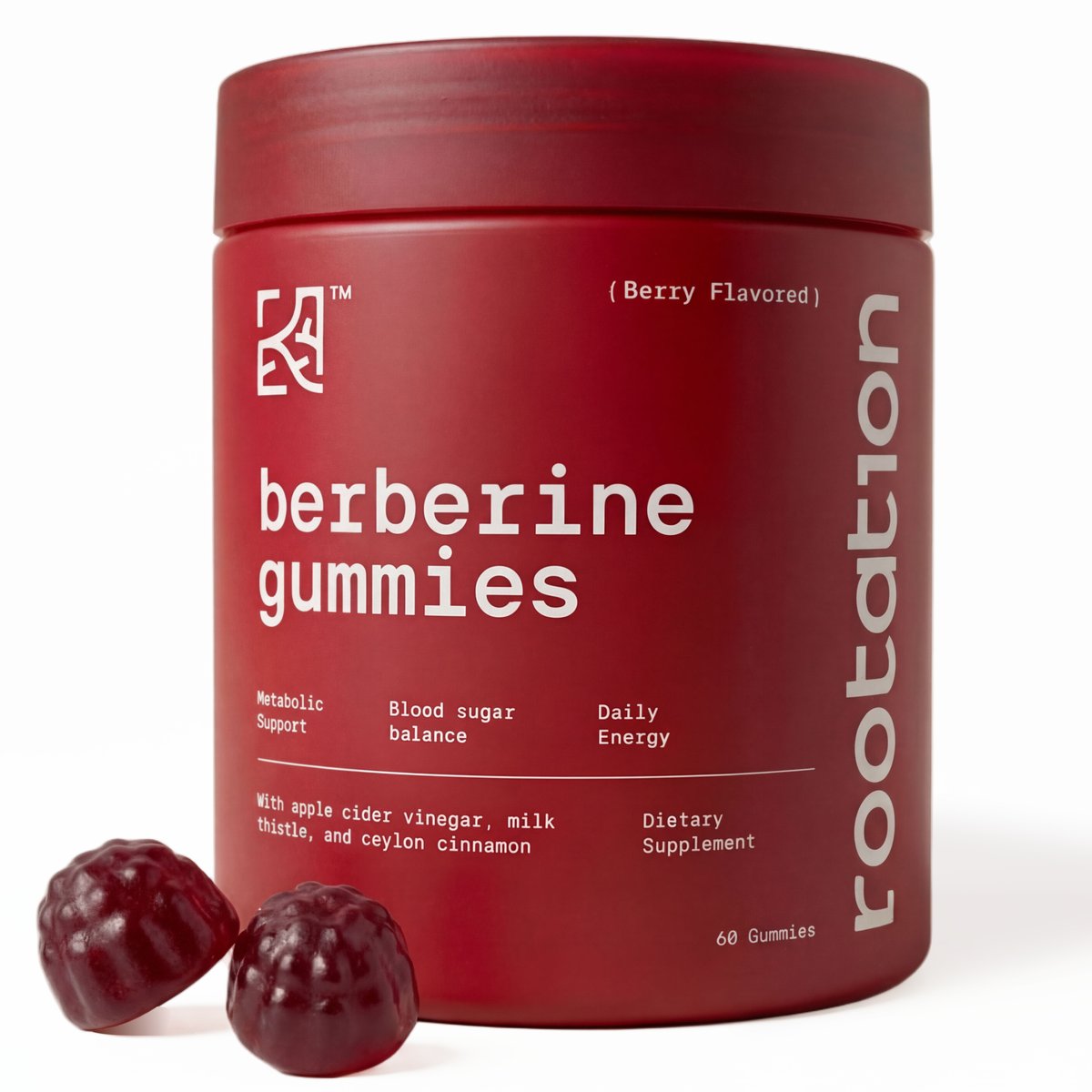 Frasco de Gomitas de Berberina Rootation HCL 500mg, 60 gomitas, sin azúcar, veganas, sin OGM